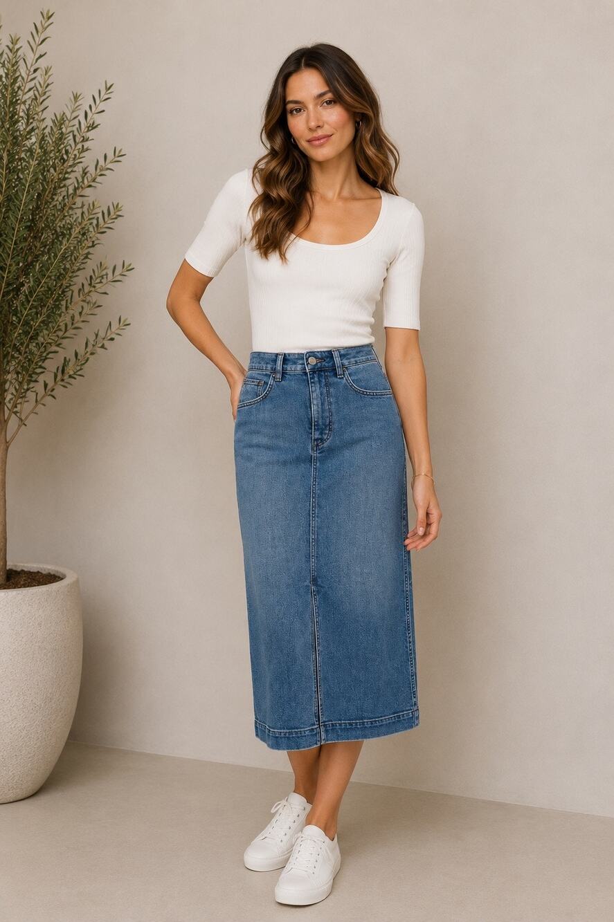Faherty Stretch Terry Midi Skirt Riverton Denim Look A-Line NWT Size 6 Coastl